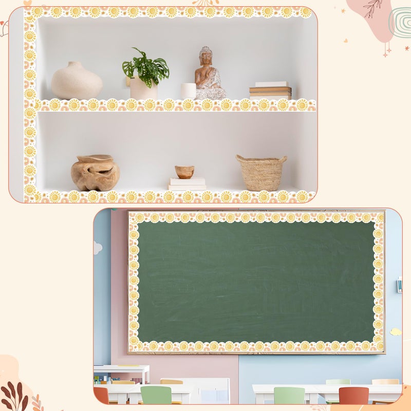 BeYumi Boho Sun Border Trim - 65ft Back to School Boho Sun Scalloped Rolled Border Trim Pastel Watercolor Bulletin Board Set Classroom Office Chalkboard Kindergarten Elementary Home Party Decoration - Image 5